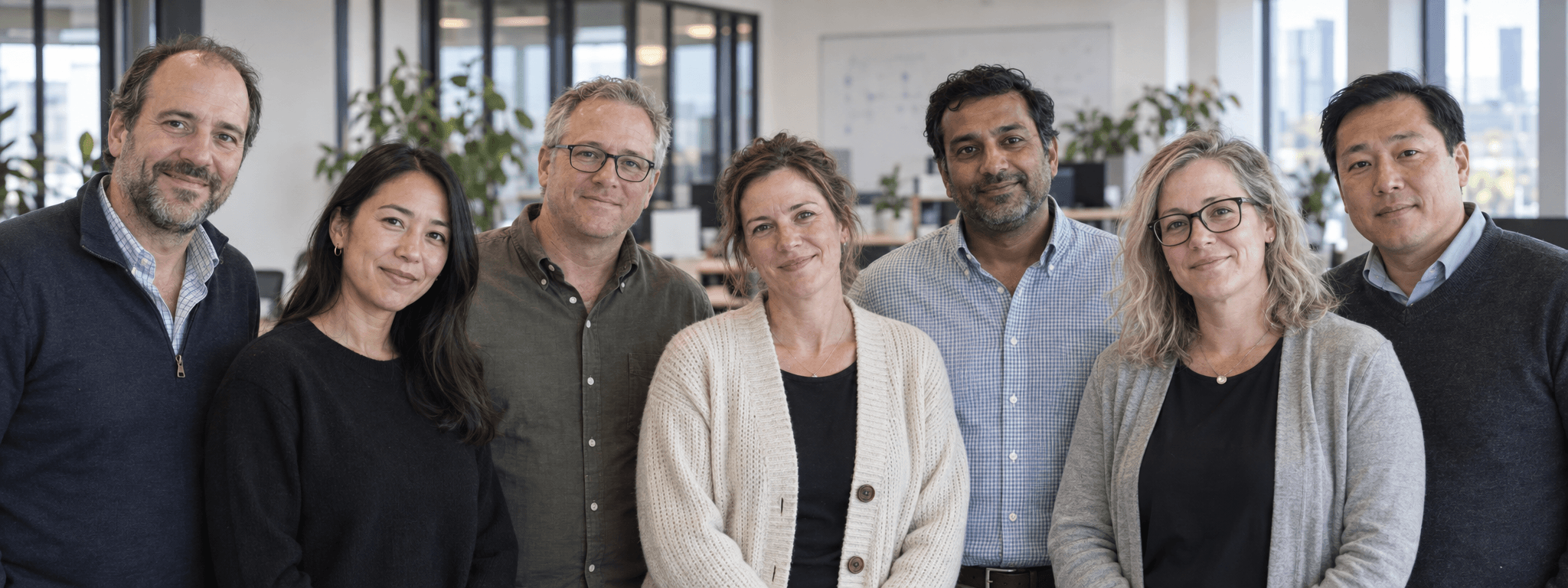 AI-generated illustration of seven venture capital colleagues in a modern office